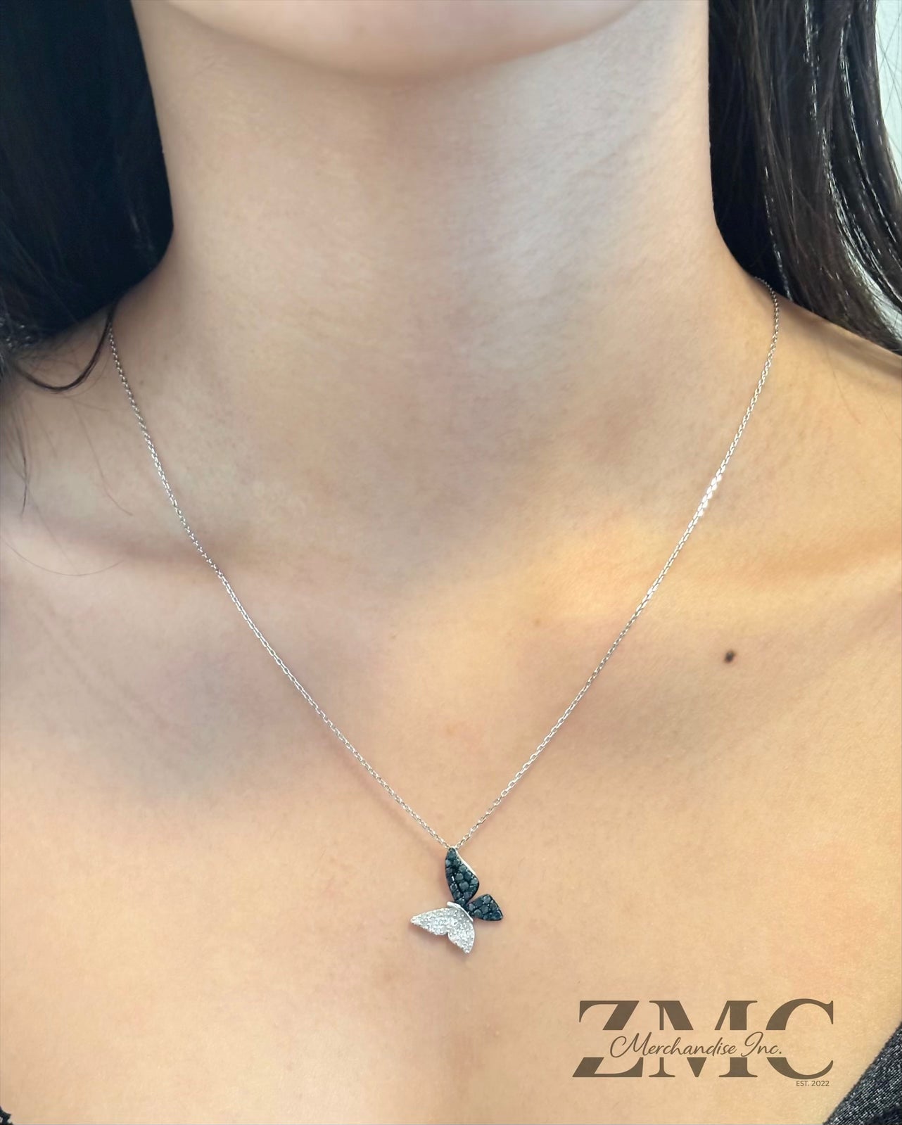 K18 White Gold Butterfly 0.50ct Natural Blue/White Diamonds Necklace