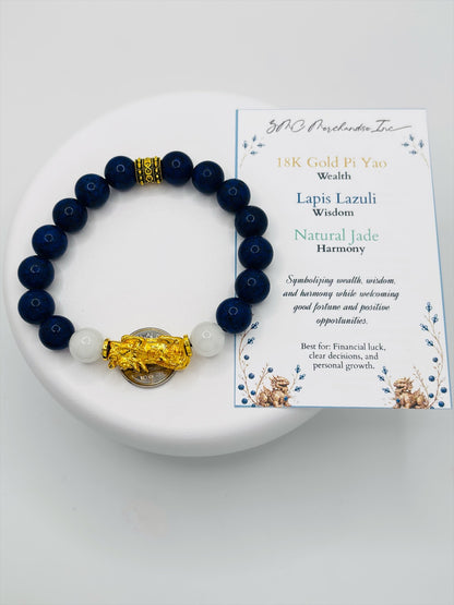18K Gold Lucky Piyao/ Pi Xiu  Lapis Lazuli Jade Bracelet ( Hollow Empty Inside) EXTRA LARGE PIYAO
