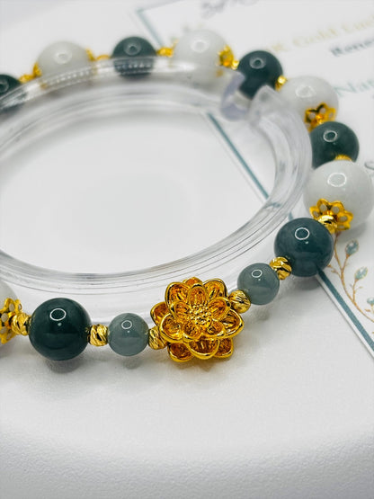 18K Gold Lucky Lotus Jadeite Bracelet ( Hollow Empty Inside)