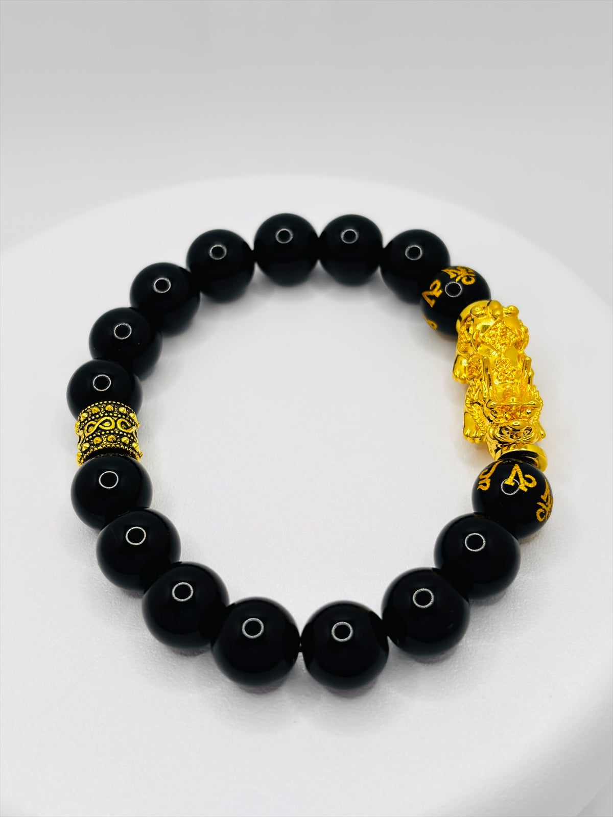 18K Gold Lucky Piyao/ Pi Xiu Obsidian Mantra Bracelet( Hollow Empty Inside) EXTRA LARGE PIYAO