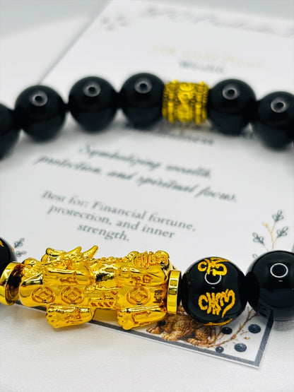 18K Gold Lucky Piyao/ Pi Xiu Obsidian Mantra Bracelet( Hollow Empty Inside) EXTRA LARGE PIYAO