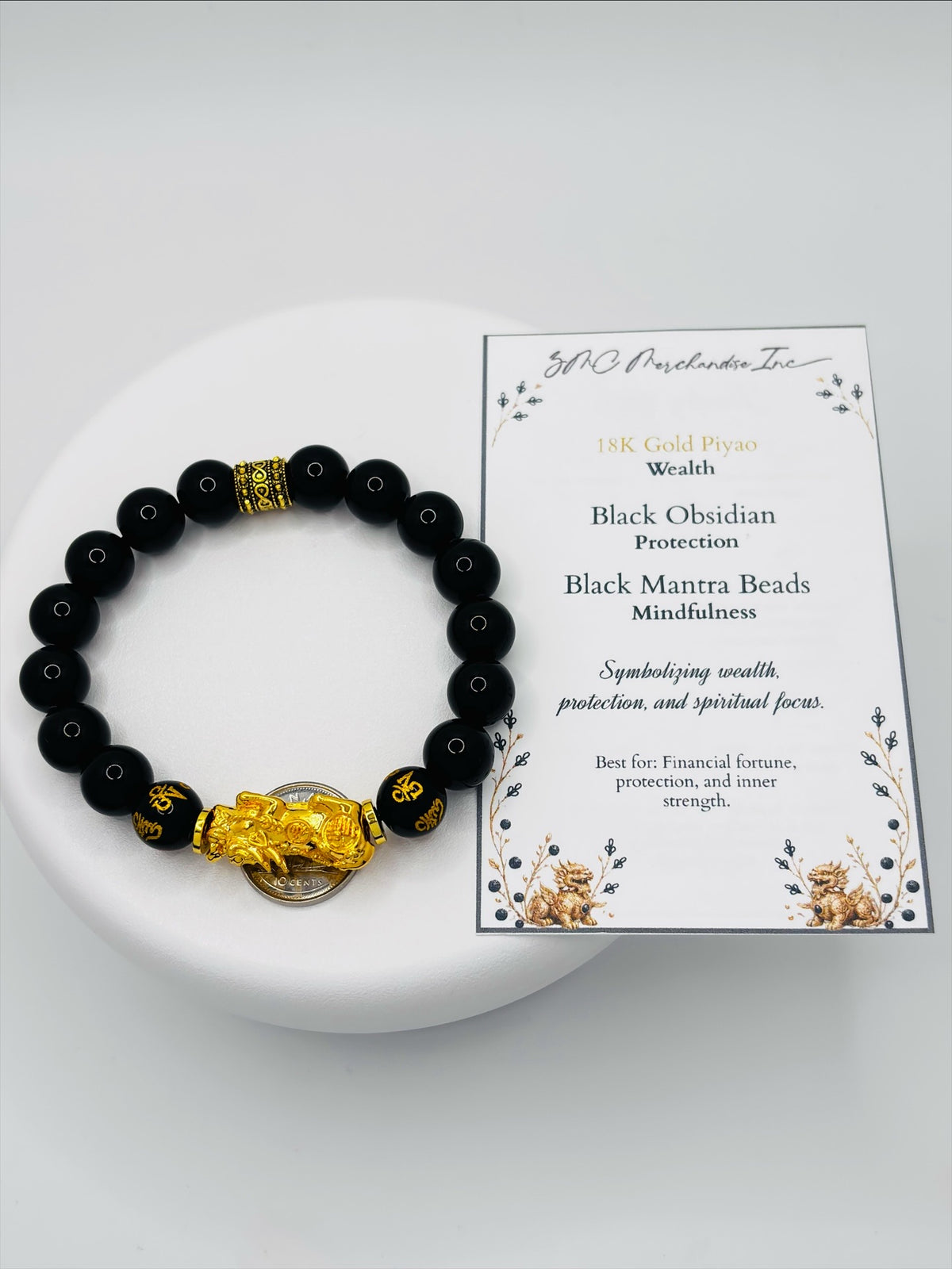 18K Gold Lucky Piyao/ Pi Xiu Obsidian Mantra Bracelet( Hollow Empty Inside) EXTRA LARGE PIYAO