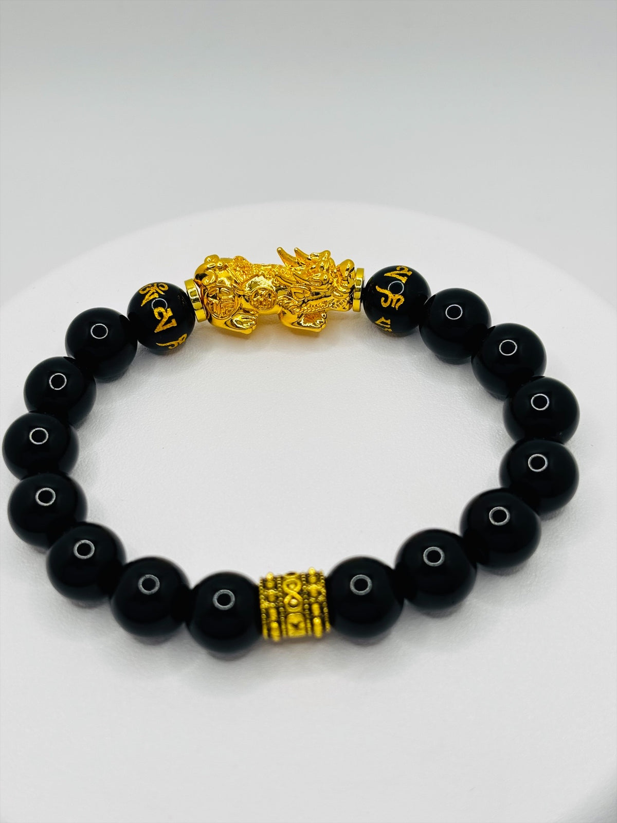 18K Gold Lucky Piyao/ Pi Xiu Obsidian Mantra Bracelet( Hollow Empty Inside) EXTRA LARGE PIYAO