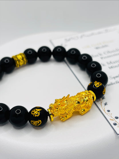 18K Gold Lucky Piyao/ Pi Xiu Obsidian Mantra Bracelet( Hollow Empty Inside) EXTRA LARGE PIYAO