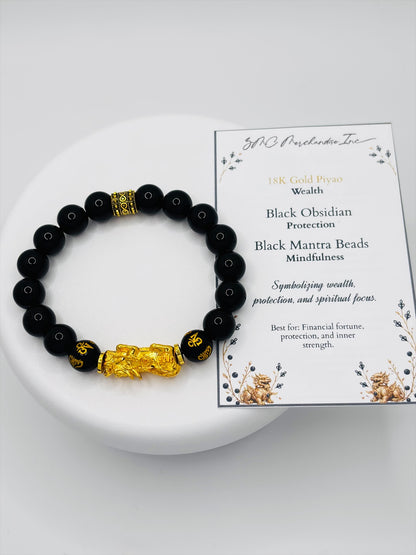 18K Gold Lucky Piyao/ Pi Xiu Obsidian Mantra Bracelet( Hollow Empty Inside) EXTRA LARGE PIYAO