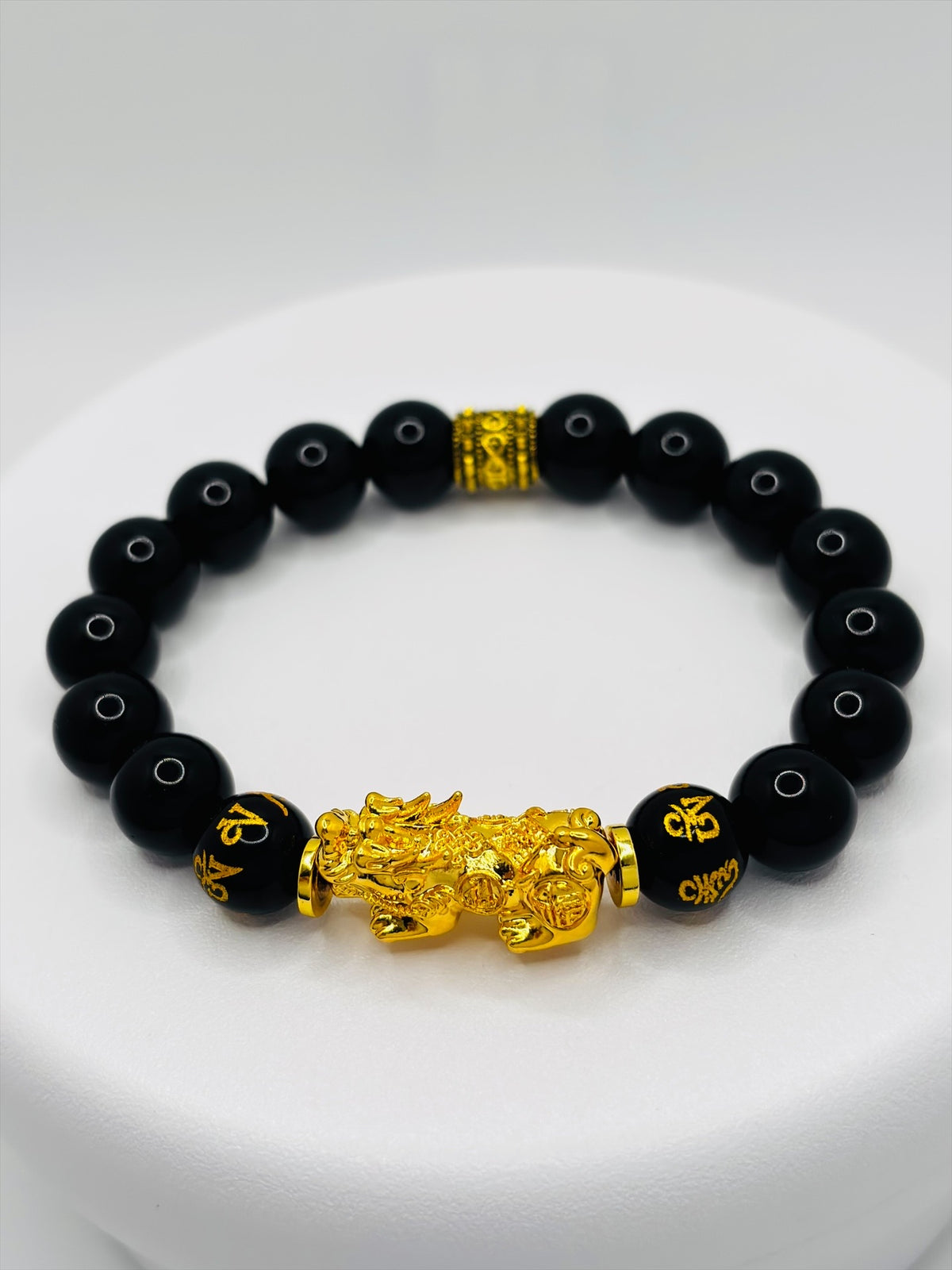 18K Gold Lucky Piyao/ Pi Xiu Obsidian Mantra Bracelet( Hollow Empty Inside) EXTRA LARGE PIYAO
