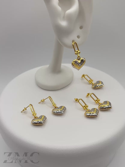 18K Gold Heart Dangling Two-tone Earrings