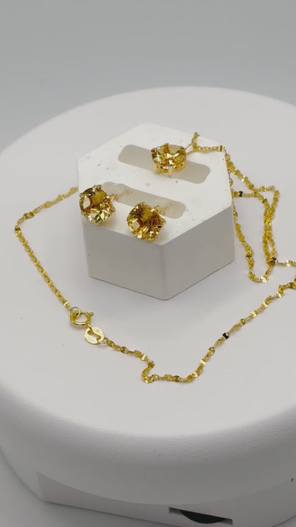 18K Gold Dancing Chain with K18 Japan Gold Natural Citrine Earrings and Pendant Set