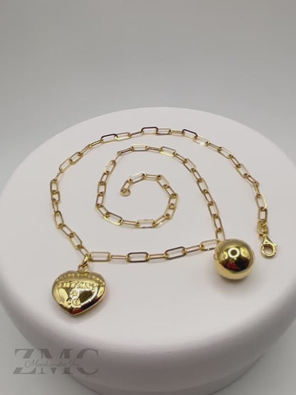 18K Gold Paperclip with Heart and Ball Charm Necklace