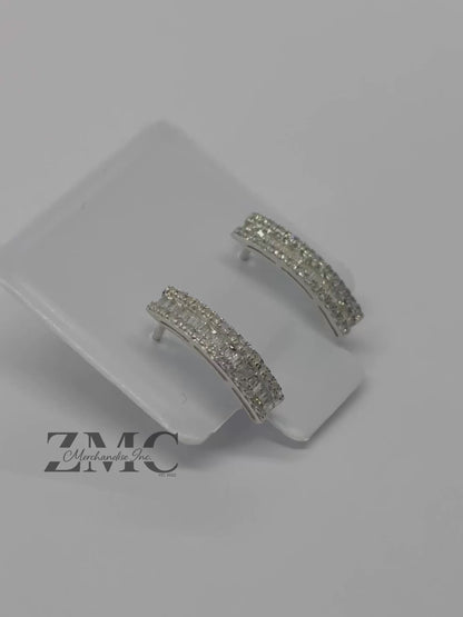 18K White Gold Baguette Half Loop Stud Earrings 0.34 carat Natural Diamond