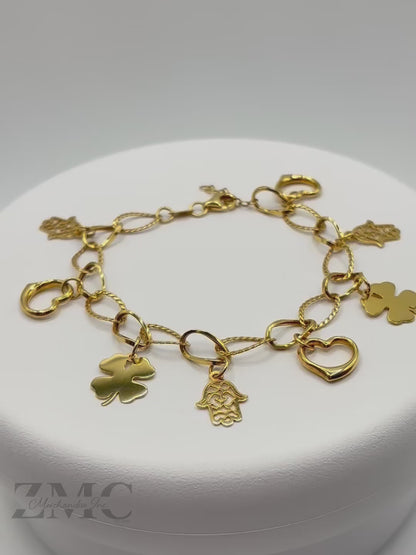 18K Gold with Hamsa, Clover and, Heart Charm Bracelet