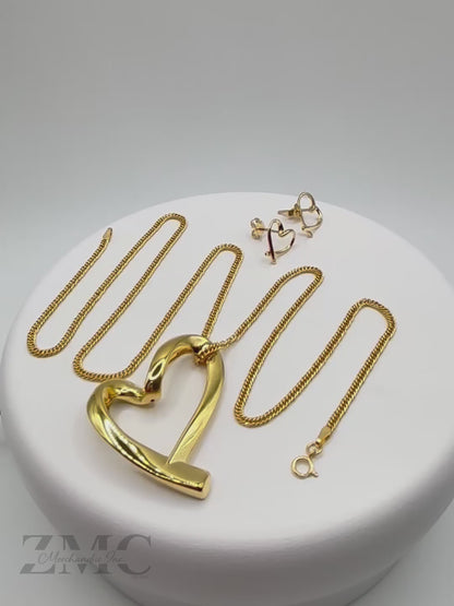 18K Gold Open Heart Necklace and Earrings Set