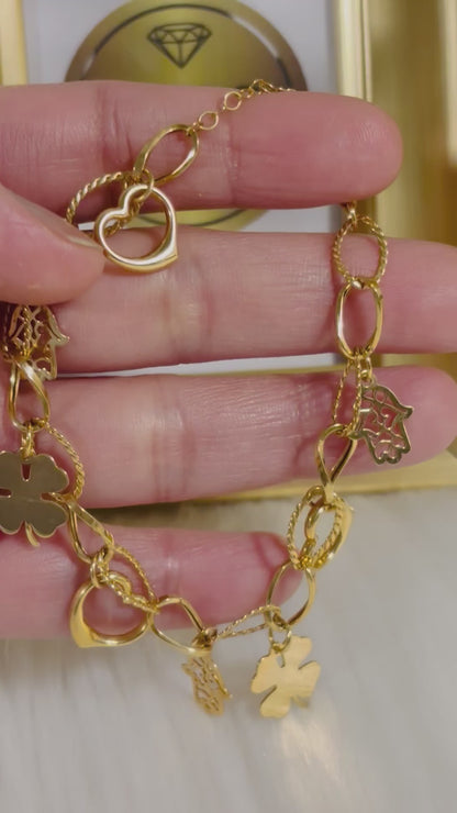 18K Gold with Hamsa, Clover and, Heart Charm Bracelet