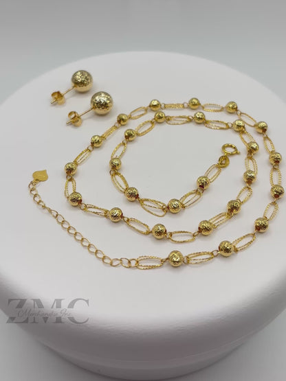 18K Gold Diamond Cut Ball Earrings and Necklace Set