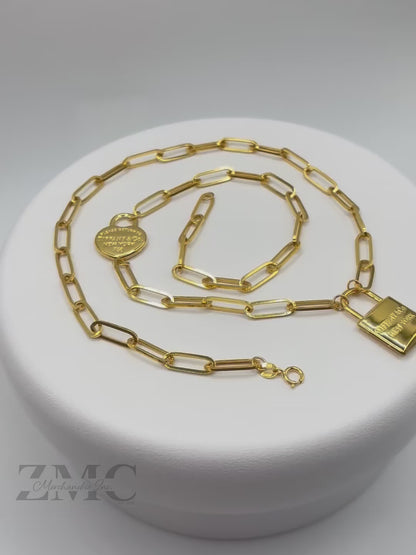 18K Gold Paperclip with Padlock and Heart Attached Necklace