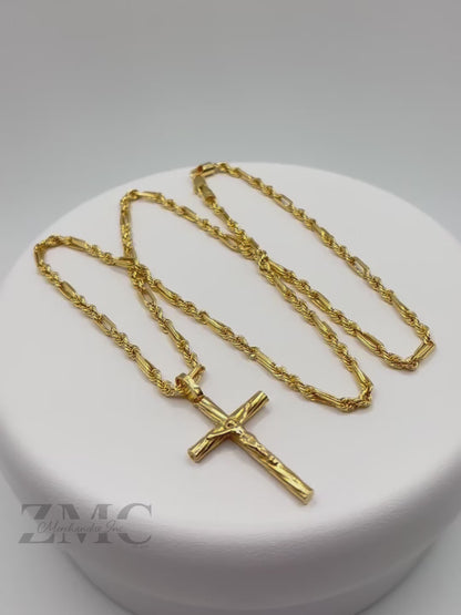 18K Gold Rope Bar with Cross Pendant Necklace